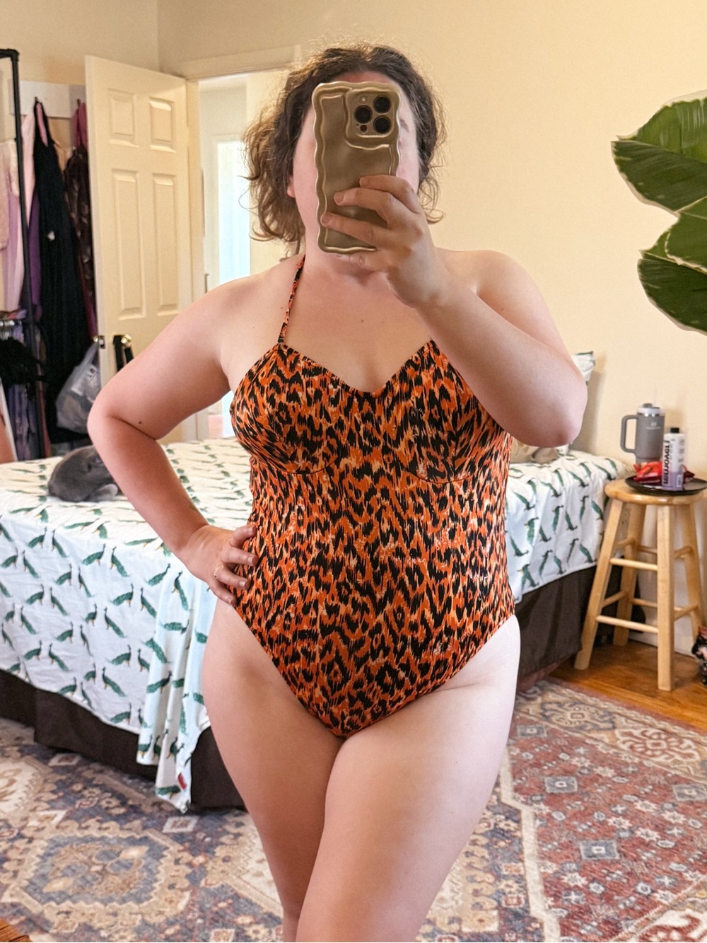 Vintage 80s leopard print orange & black one piece bathing suit